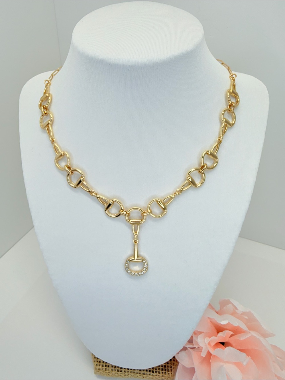 Gold Hors bit chain necklace with rhinestone horse bit pendant # NC091